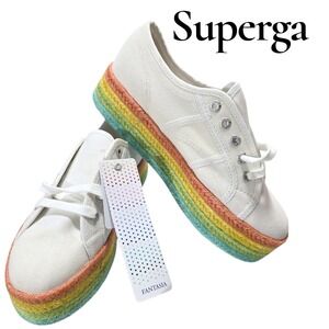 Superga 2790 Platform Sneakers Women 7.5 White Canvas Rainbow Jute Boho Festival